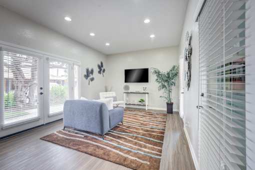 A living room with a grey sofa and a brown rug.