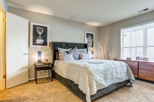 Apartments in Glendale Heights for rent - The Mark - bedroom with a bed and a dresser and a window and premium carpet