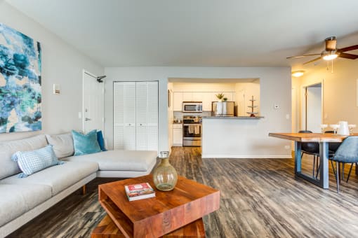 a living room with a couch and a coffee table