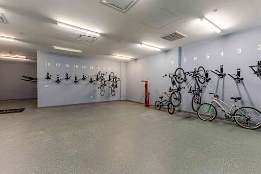 A bike parking room with 18 bikes.