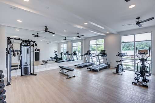 Resident fitness center with cardio and strength equipment at Townes at Clarkston Centre apartments in Clarkston, GA.