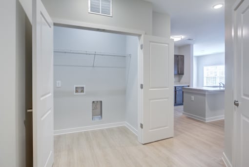 Apartment laundry area with washer and dryer connections at Townes at Clarkston Centre in Clarkston, GA.
