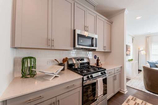 Modern townhome kitchen with stainless-steel appliances, gray cabinetry, quartz countertops, and open living area at Townes at Olde Birch in Raleigh, NC.