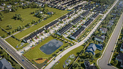 A bird's eye view of a residential neighborhood with houses, roads, and a pond.