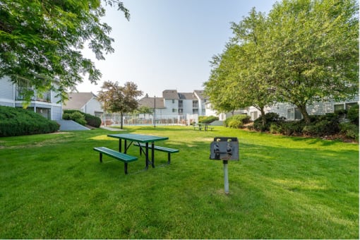 a park with a picnic table and a grill in the grass