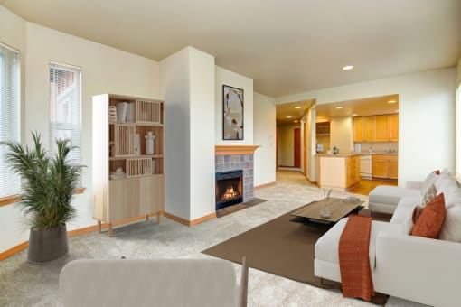 a living room with a fireplace and a couch