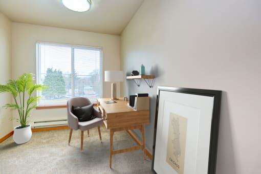 a desk with a chair and a lamp in a room with a large window