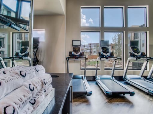 Grand Prairie, TX Apartments for Rent - Waters Edge at Mansfield - Athletic Center With Treadmills, Property-Branded Towels, Large Windows, High Ceilings, Large Gym Mirror, and Mounted TV.