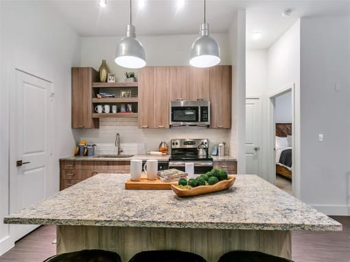 Apartments in Rowlett TX - Village of Rowlett - Modern Kitchen with Stainless-Steel Appliances and a Kitchen Island