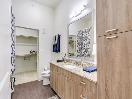 One-Bedroom Apartments in Rowlett, TX - Village of Rowlett - Bathroom with Wood-Style Flooring, Granite Vanity Countertop, Large Mirror, Wood-Tone Cabinetry, and Large Closet with Shelves and Hanger Bars.