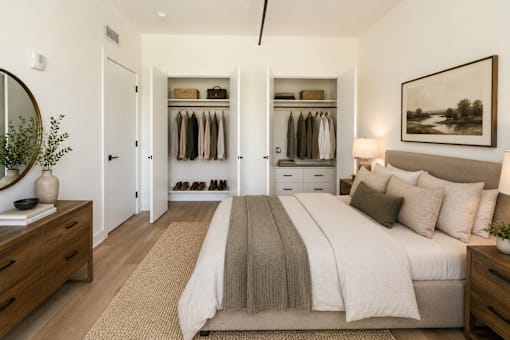 A bedroom with a large bed and a wardrobe with clothes hanging on it.