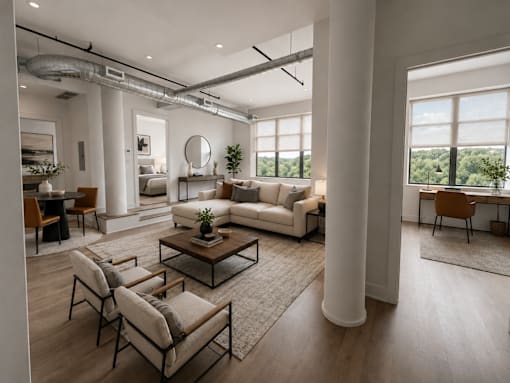 A modern living room with a large window and a view of trees outside.