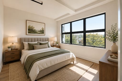 A bedroom with a large bed and a painting on the wall.