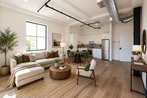 A modern living room with a white sofa, wooden coffee table, and a rug on the floor.