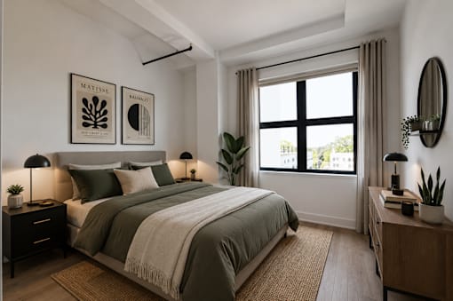A bedroom with a bed, nightstands, and a window.
