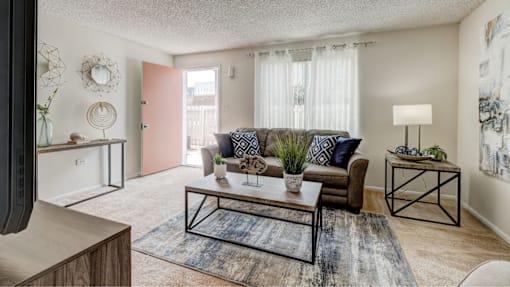 A living room with a couch, a coffee table, and a rug.