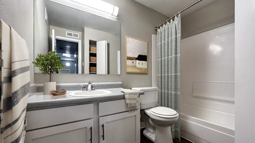 A bathroom with a toilet, sink, and mirror.