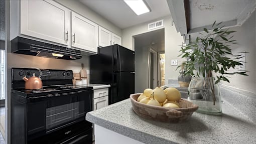 A black oven is on the left side of a black refrigerator.