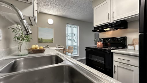 A modern kitchen with a stainless steel sink and black appliances.