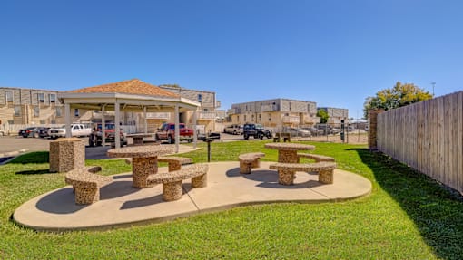 A park with a pavilion and picnic tables.