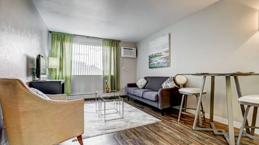 A living room with a couch, chair, and television.