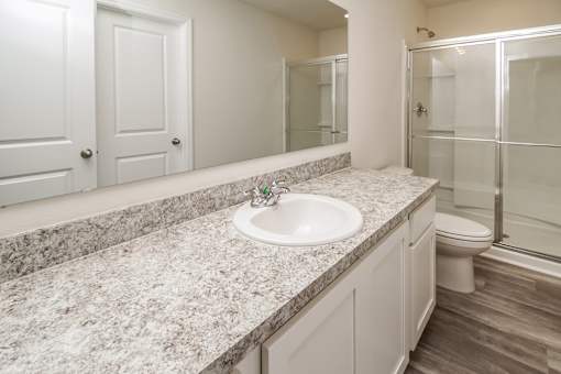 A bathroom with a marble countertop and a white sink.