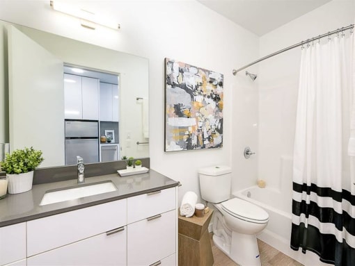 Fremont, WA Apartments - Inspire Fremont - Bathroom with a Bathtub, Granite-Style Sink, and a Large Mirror