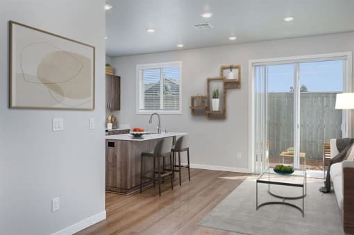 Pet Friendly Townhomes in Vancouver WA - Ridgeline View - Spacious Living Room with Vinyl Plank Flooring, 9FT Ceilings, and Access to the Patio