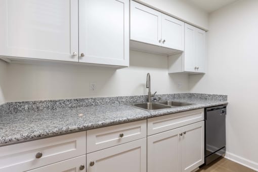 a kitchen with white cabinets and granite counter tops and a sink