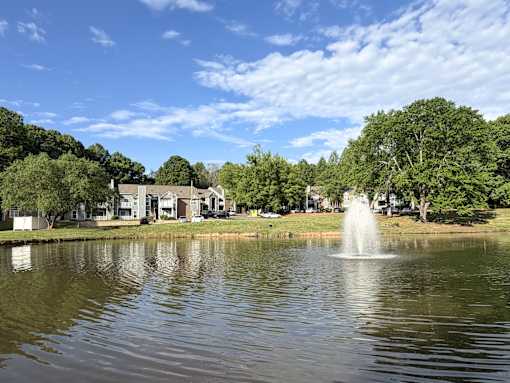 A fountain in the middle of a lake in a park.