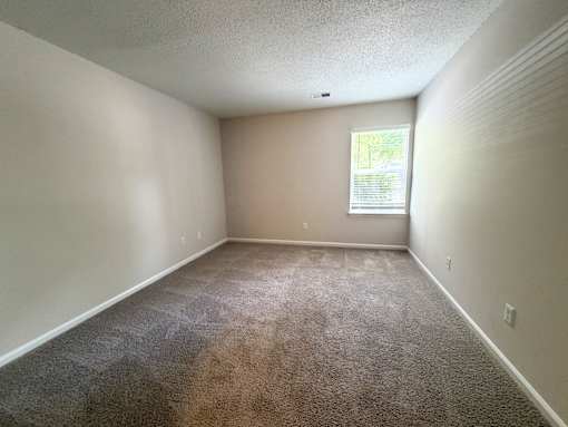 A room with a carpeted floor and a window.