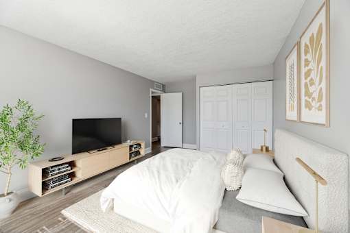 Bright bedroom with modern finishes in Wilton Tower’s 1-bedroom floor plan in Wilton Manors, FL.