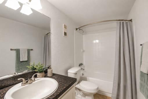 A bathroom with a white toilet, sink, and shower.