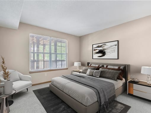apartment bedroom with a large bed next to a window