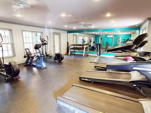 A home gym with treadmills, elliptical machines, and other exercise equipment.