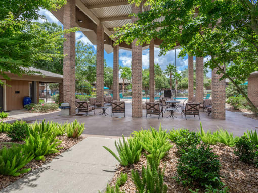 beautiful covered lounge space at acadian point apartments