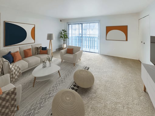 a living room with white walls and carpet