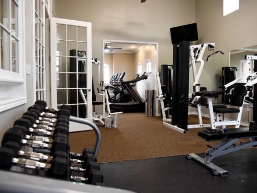 a apartment gym with weights and cardio equipment