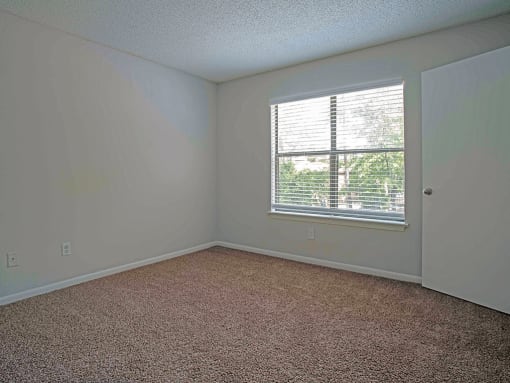 an empty bedroom with a window and carpet