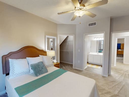 apartment bedroom with connected bathroom
