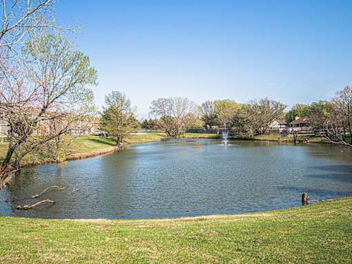 A lake in a park with a fountain in the middle.
