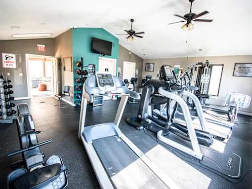A gym with treadmills, exercise bikes, and other equipment.