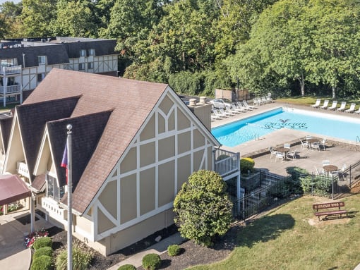 Beautiful clubhouse and pool at bavarian woods apartments