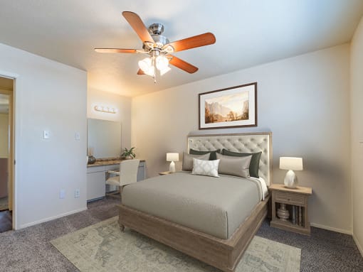 Spacious Bedroom with overhead light and fan 
