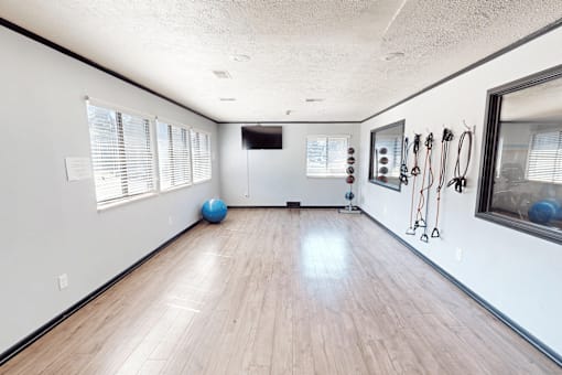 A room with wooden floors and exercise equipment.