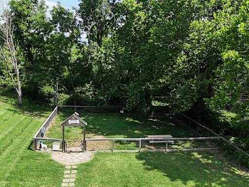 A grassy enclosed dog park shaded by mature trees.
