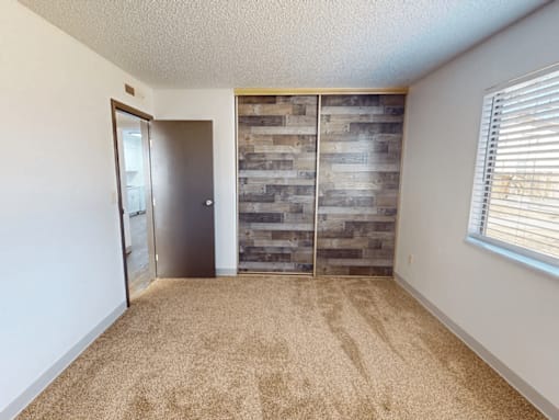 A room with a carpeted floor and a sliding door with a wooden panel design.