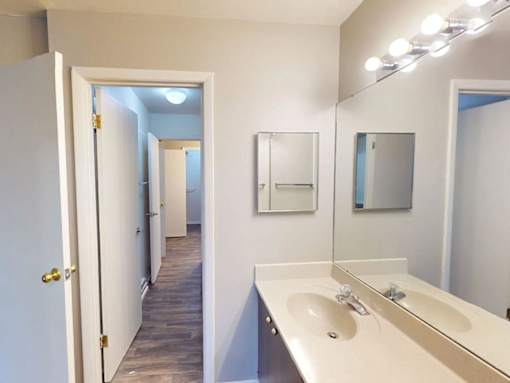 A bathroom with a sink, mirror, and lighting fixture.
