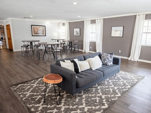 A living room with a grey couch and a rug.