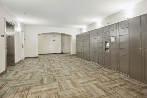 A hallway with a carpeted floor and a row of lockers on the right side.